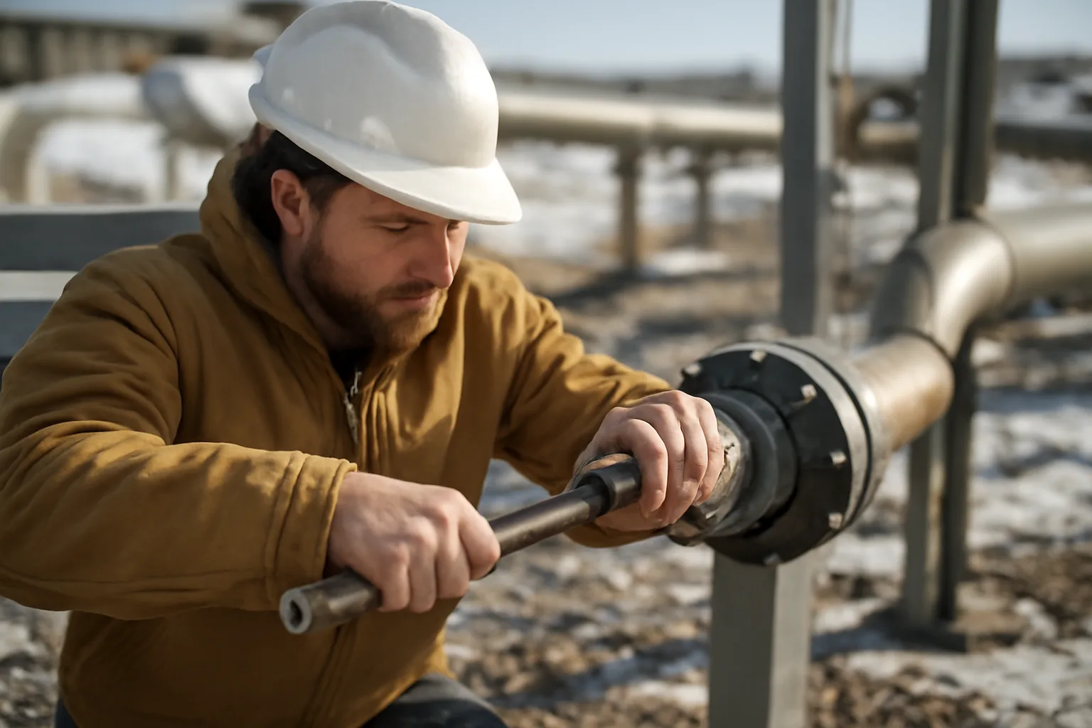 Millwright apprentice working on a pipeline manifold outdoors in snowy Alaska conditions