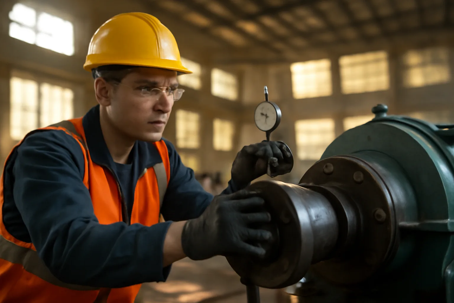 Millwright apprentice using dial indicator on industrial pump coupling in Tennessee plant