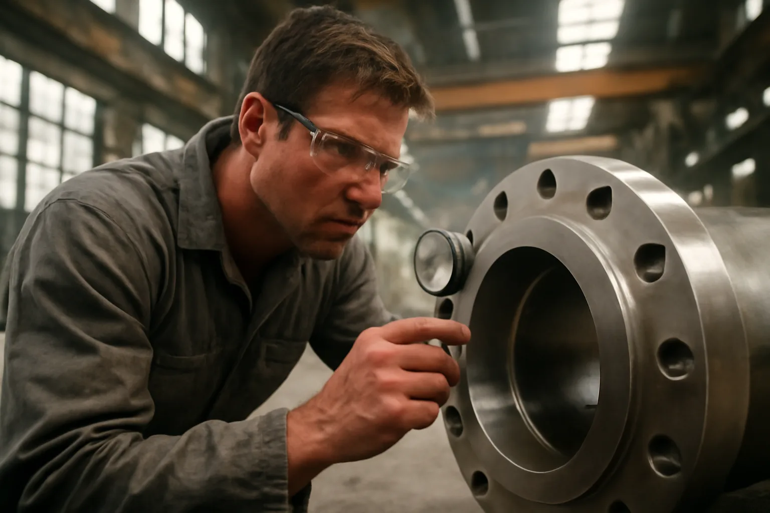Apprentice millwright aligning industrial machinery flange with dial indicator inside an Alabama plant