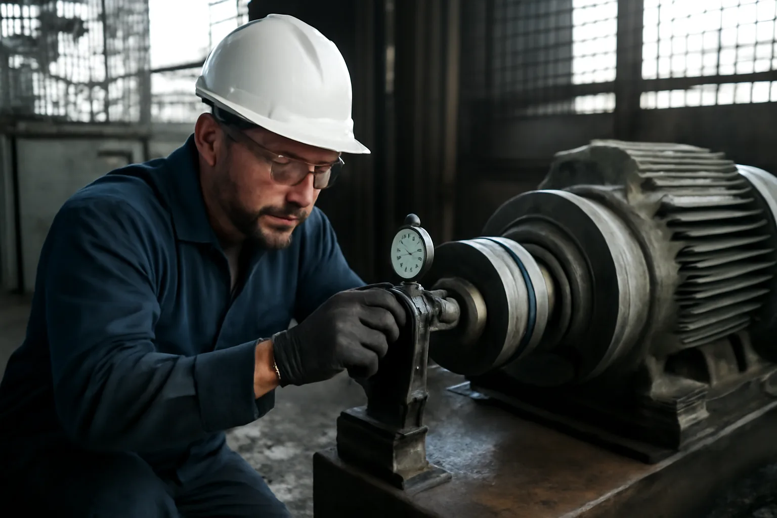 Millwright aligning an industrial pump coupling inside an Alaska facility