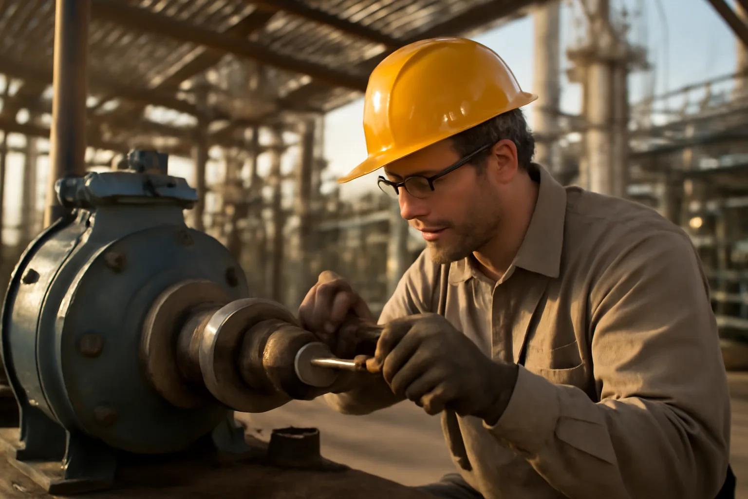 Millwright aligning industrial pump coupling inside Texas petrochemical facility