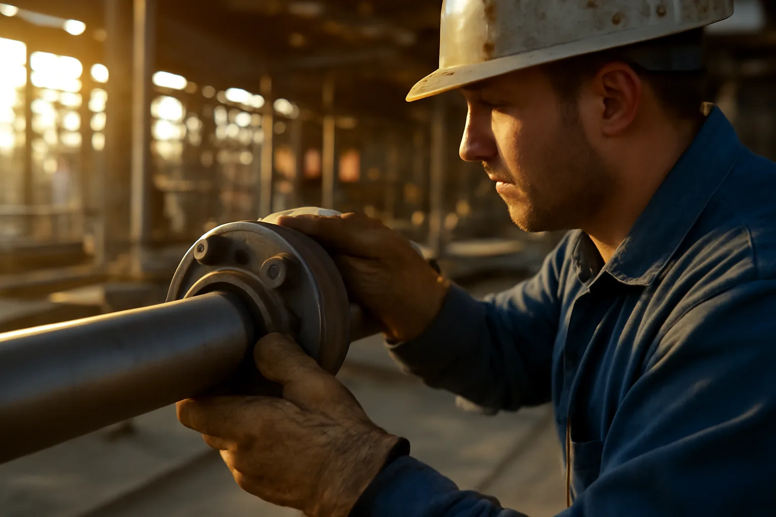 Millwright checks a steel coupling on a factory drive shaft