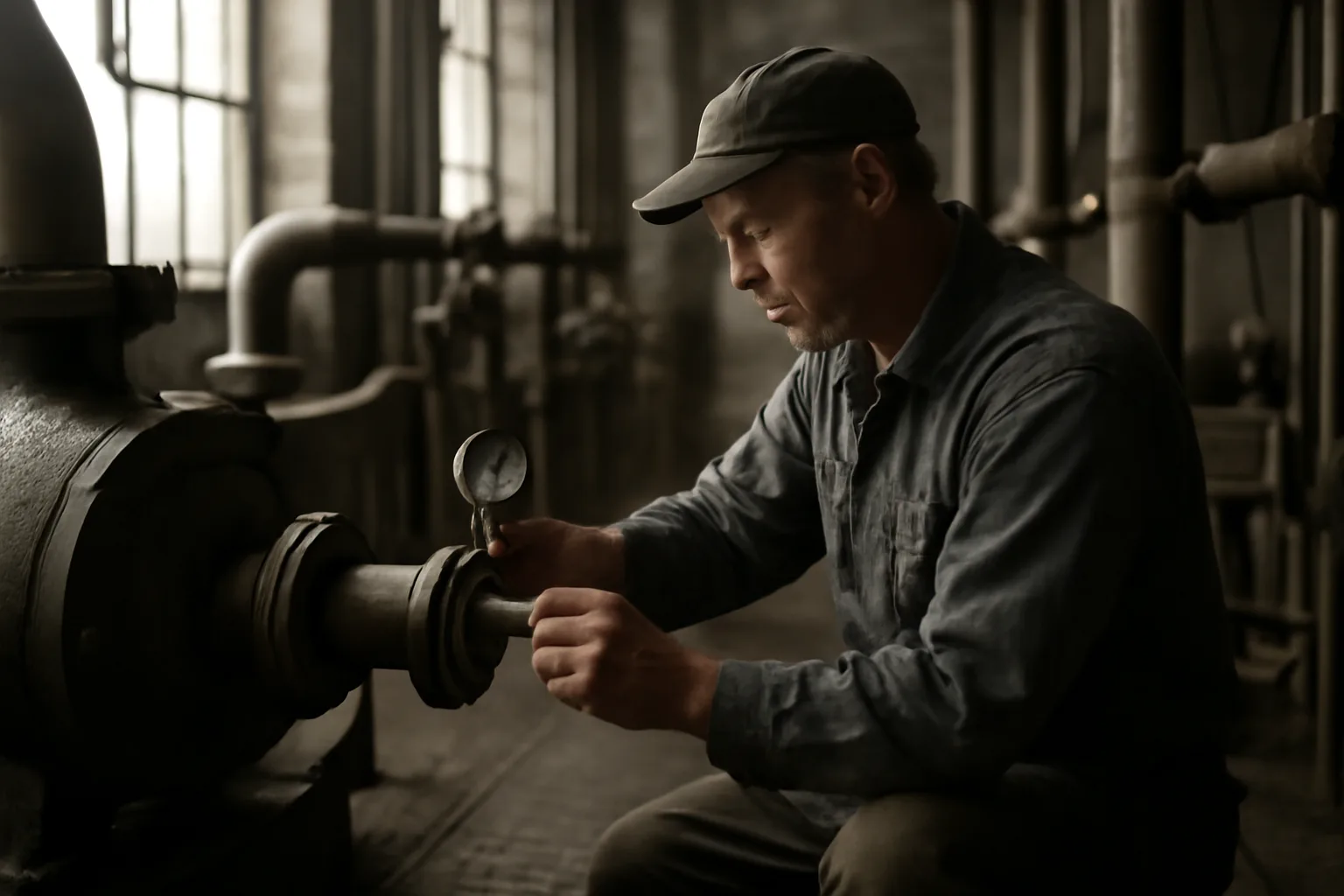Millwright checking a coupling in a Delaware river plant