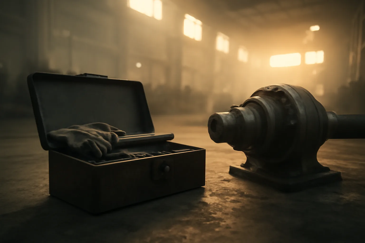 Open millwright toolbox beside a shaft in a Florida plant