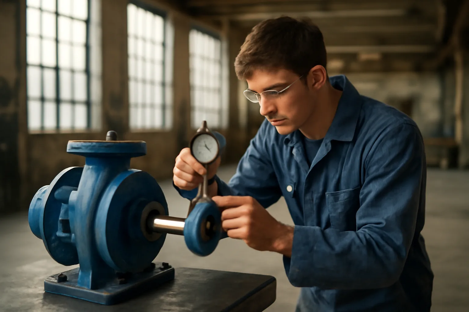 Millwright apprentice aligning a pump shaft with a dial indicator in an Alabama training workshop.
