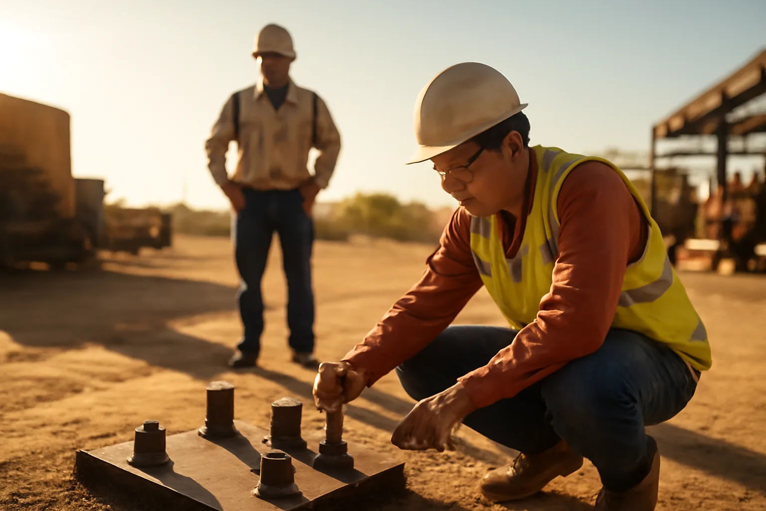 Millwright apprentice kneeling by steel baseplate in Arizona desert industrial yard