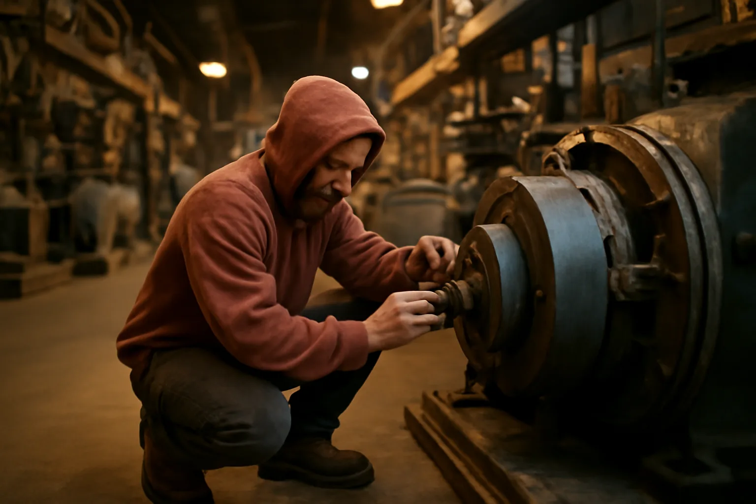 Millwright aligning industrial shaft equipment in an Arkansas plant