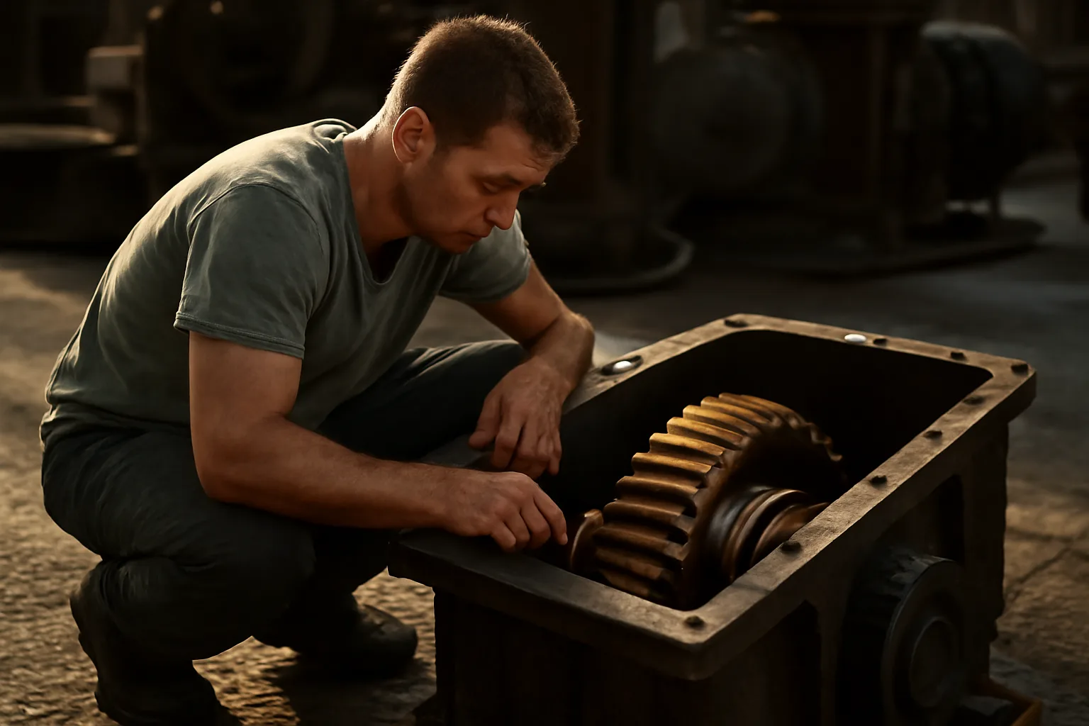 California millwright kneeling beside an open gearbox on a plant floor