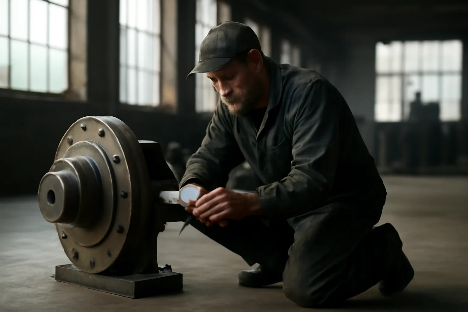 Millwright aligning a steel gearbox shaft in a Connecticut factory