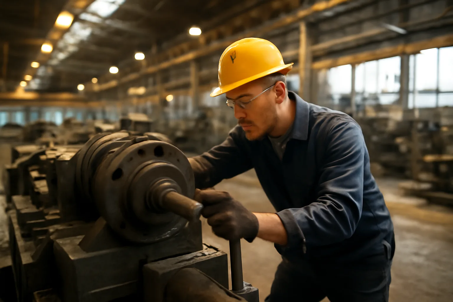 Millwright aligning industrial machinery inside a Tennessee manufacturing plant