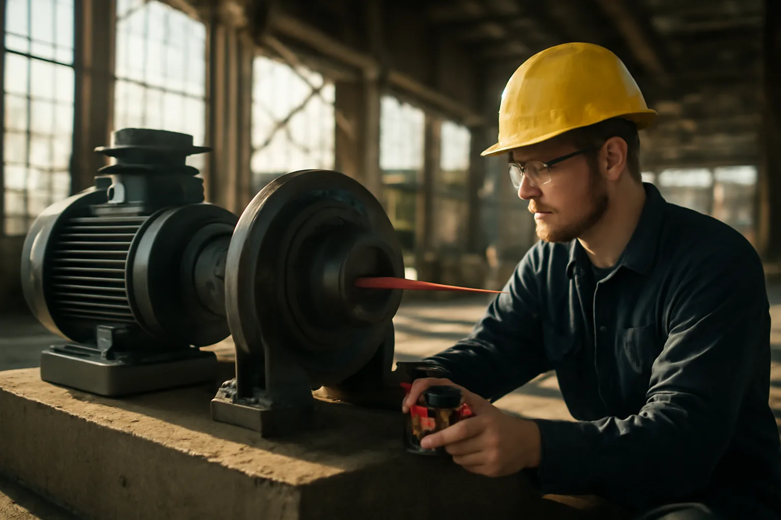 Millwright apprentice using laser alignment tool on industrial pump in Utah plant