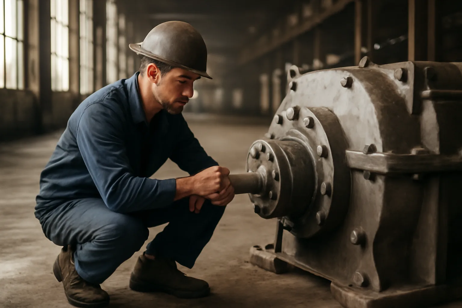 Millwright aligning a steel coupling on an Arkansas mill floor