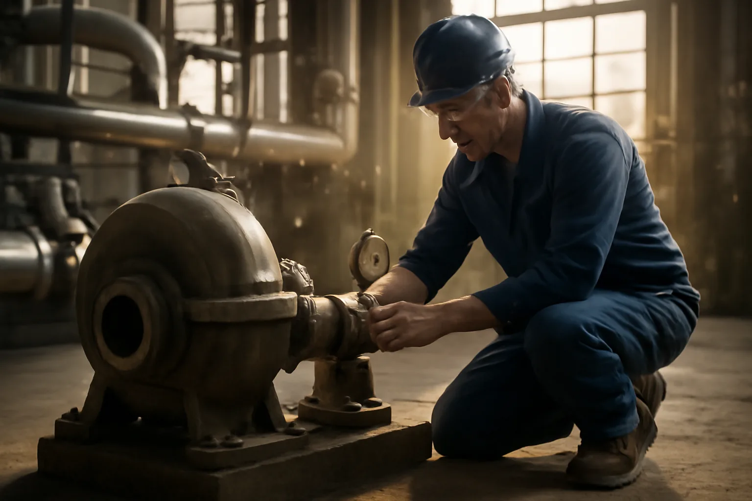 Millwright checking a pump coupling inside a California plant