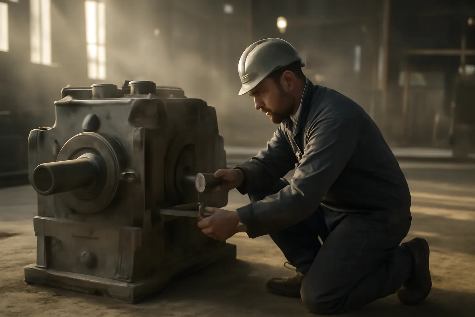 Millwright aligning a gearbox on a Colorado plant floor