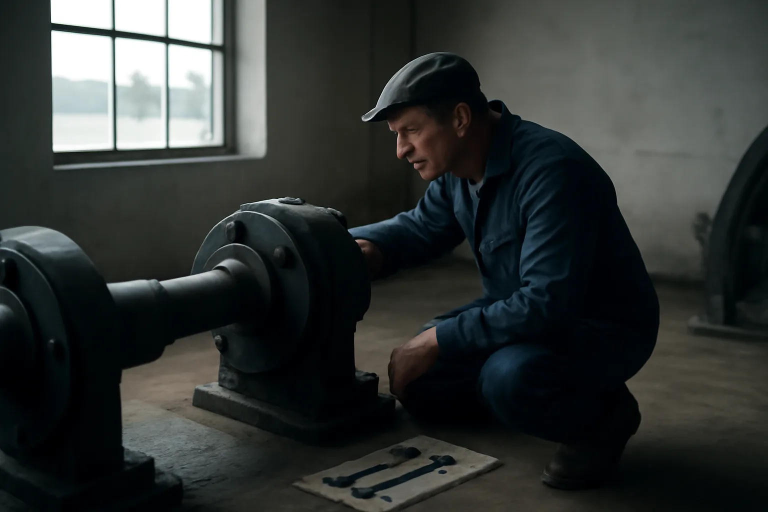 Millwright kneeling by a coupling in a Delaware plant