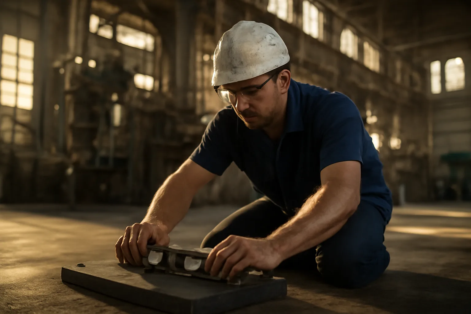 Millwright leveling a steel baseplate inside a Florida power plant