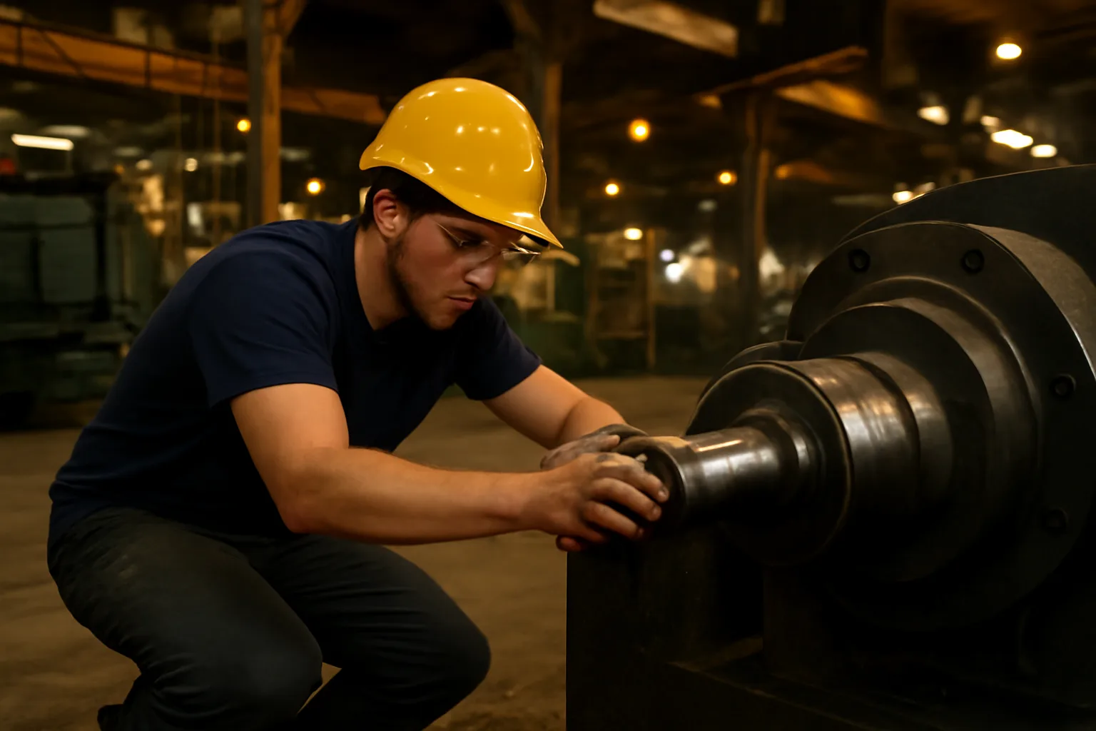 Millwright apprentice aligning industrial shaft inside Tennessee manufacturing plant