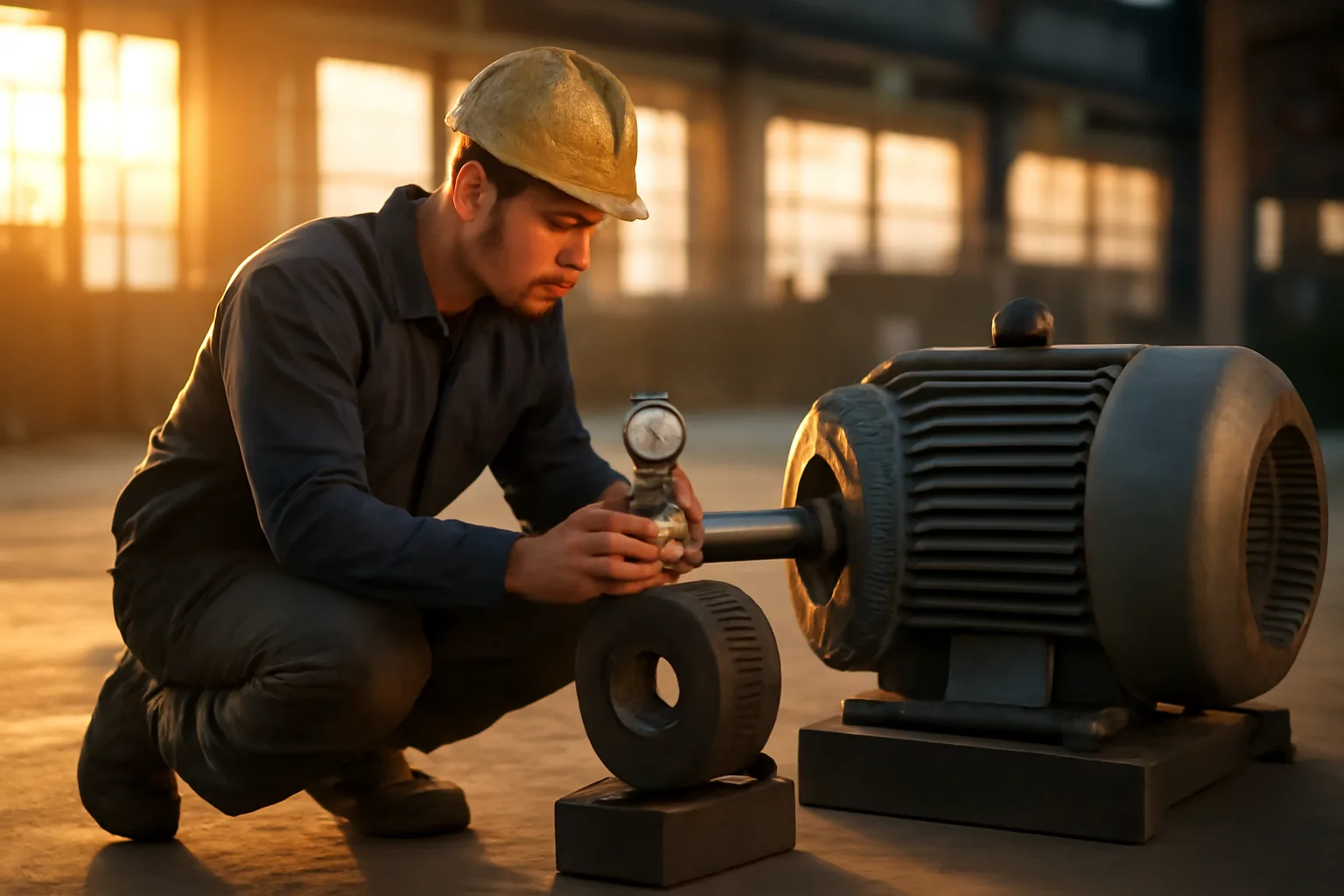Millwright checking a coupling on a Connecticut factory floor