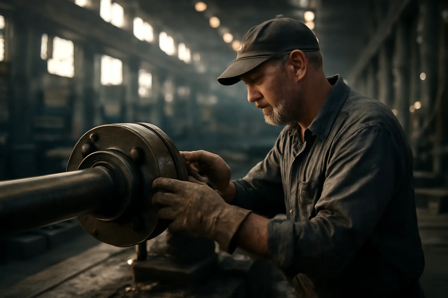 Millwright aligning a steel coupling on a Georgia mill floor