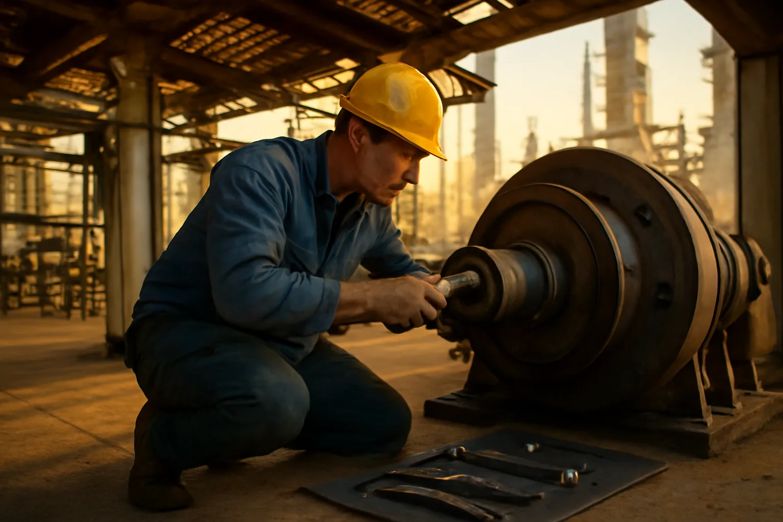 Millwright aligning heavy industrial machinery inside a Texas petrochemical plant