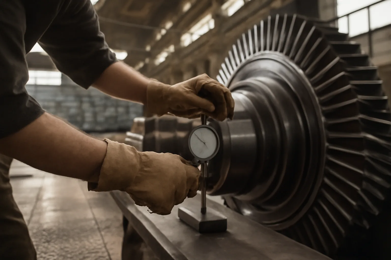 Millwright hands aligning a turbine shaft with a dial indicator in an industrial plant