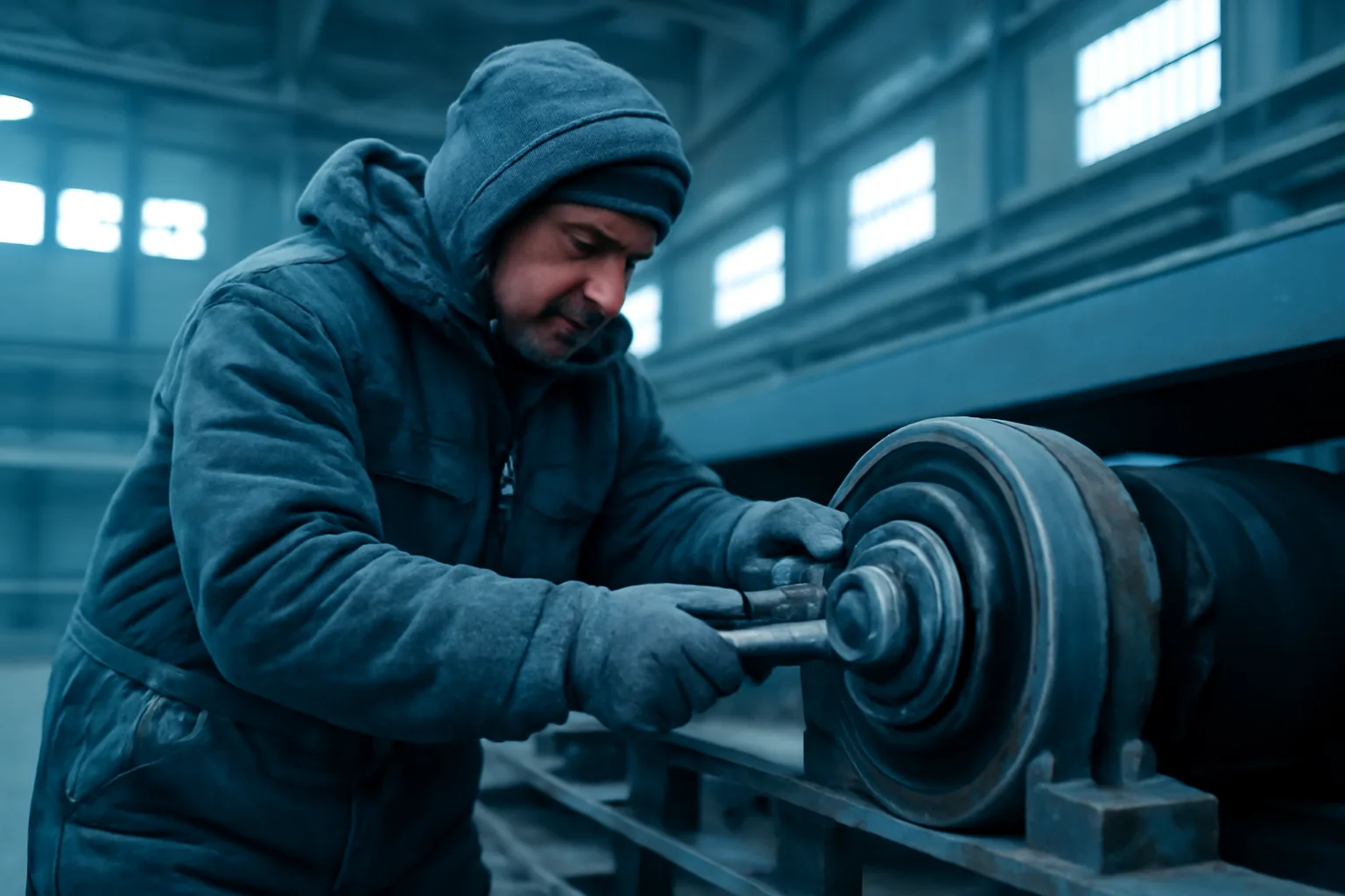 Alaska millwright adjusting conveyor machinery in cold industrial plant