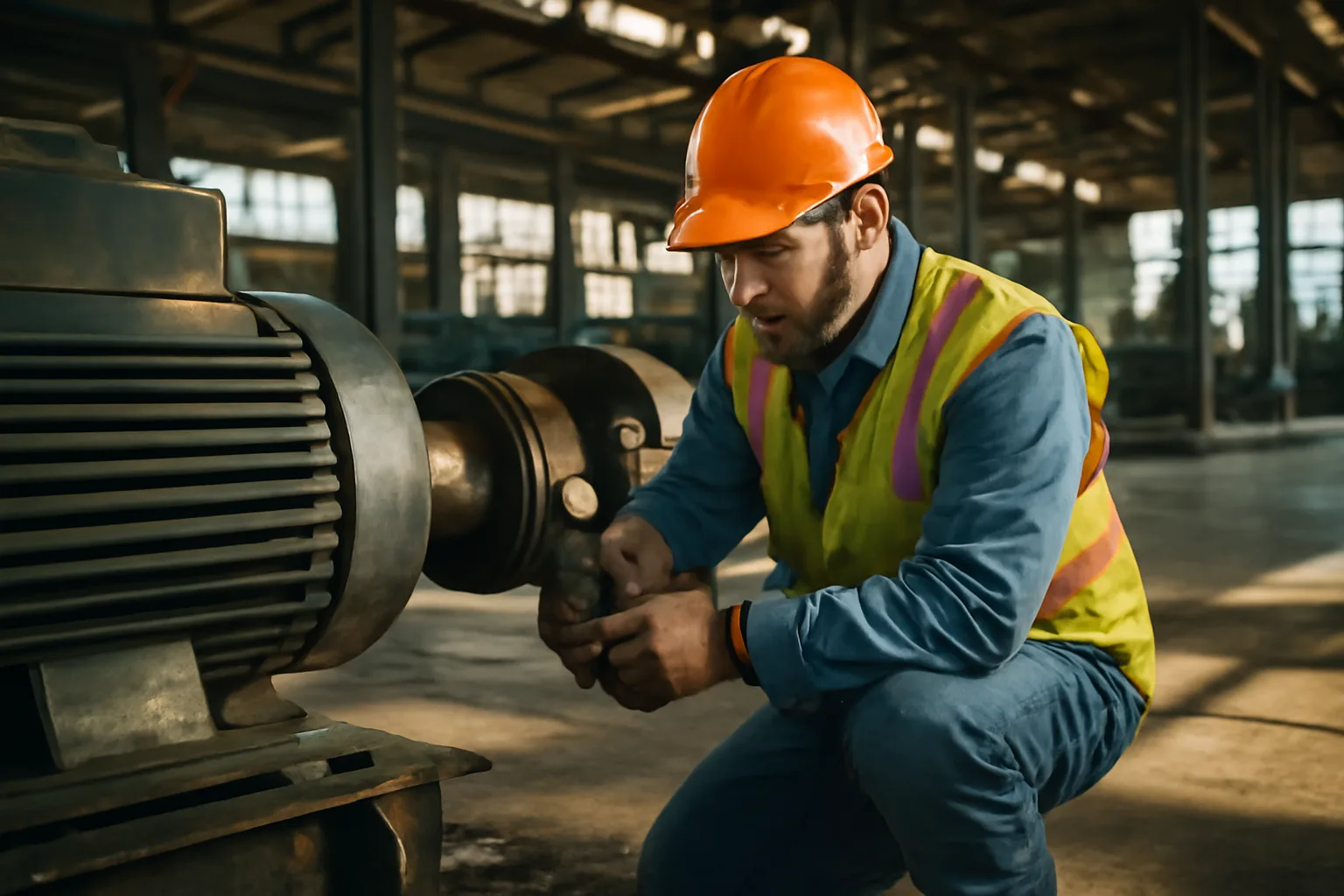 Millwright aligning a motor coupling with a dial indicator in an Arizona industrial plant, no text in scene