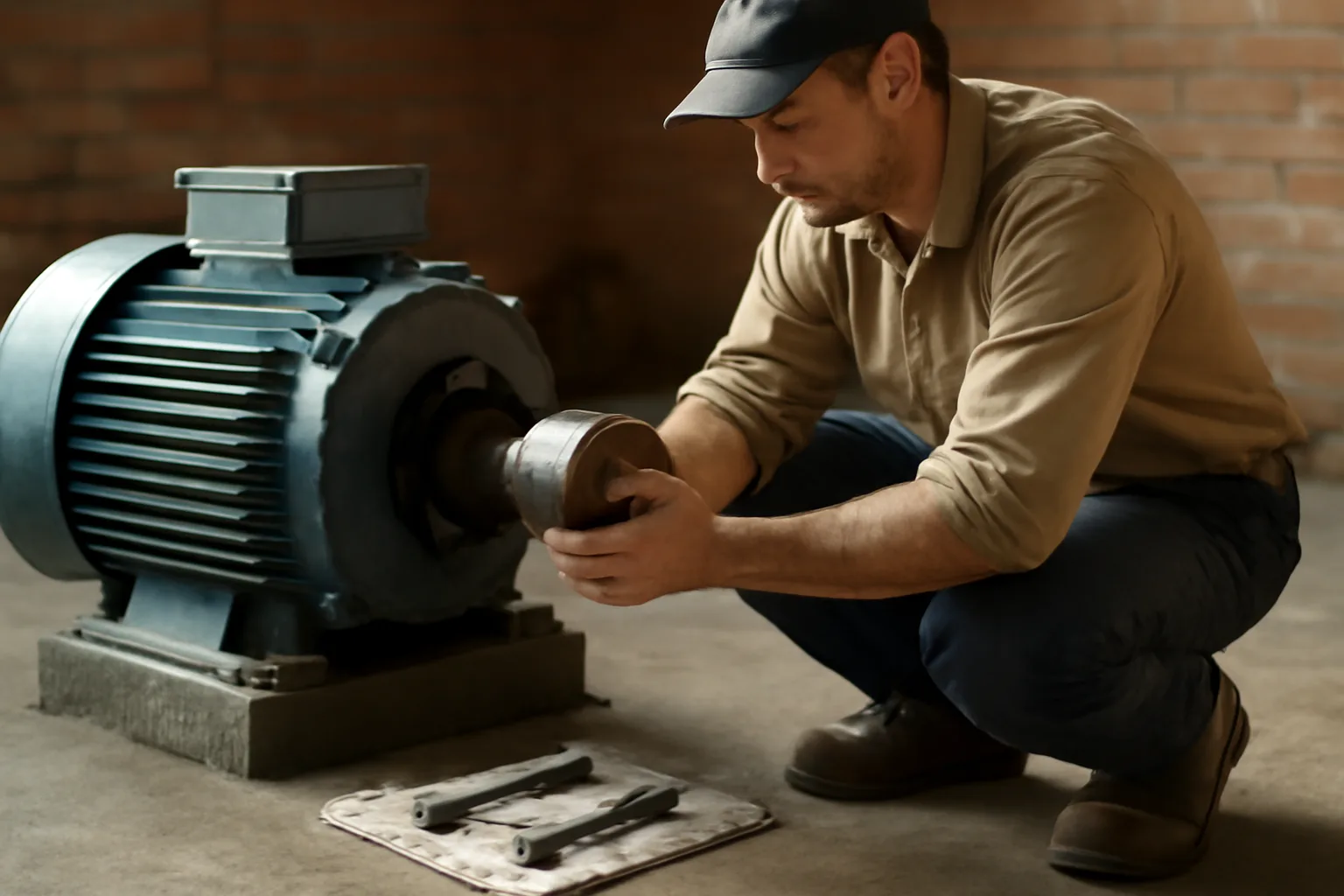 Millwright aligning a motor coupling on an Arkansas factory floor