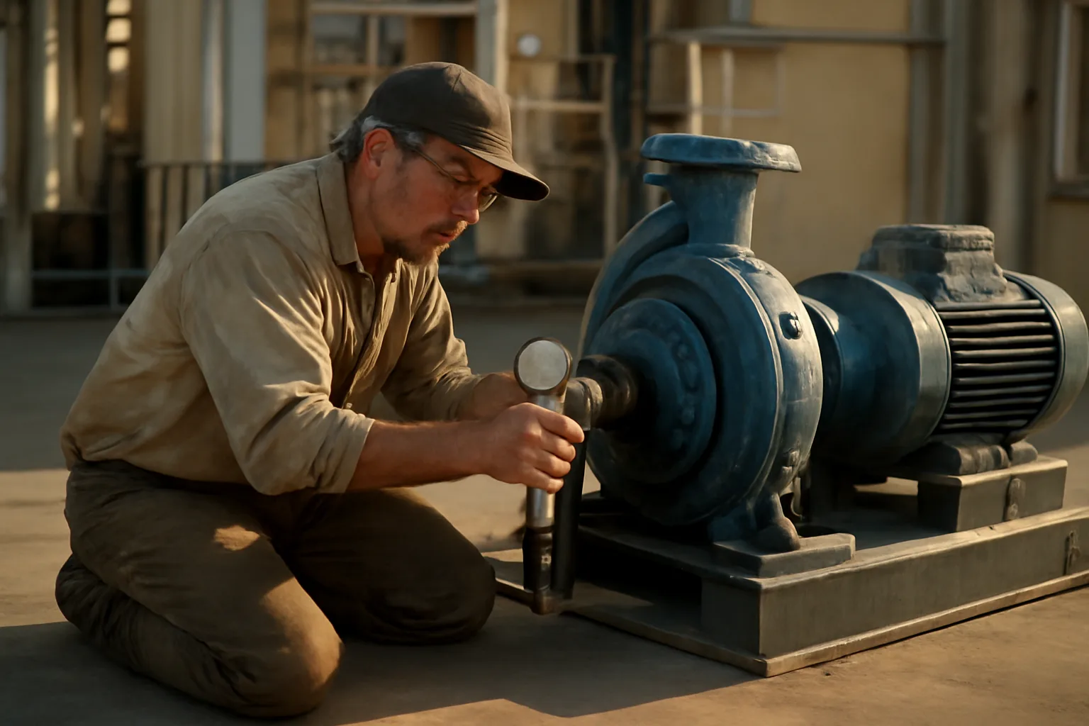 Millwright aligning a pump coupling on a California plant floor