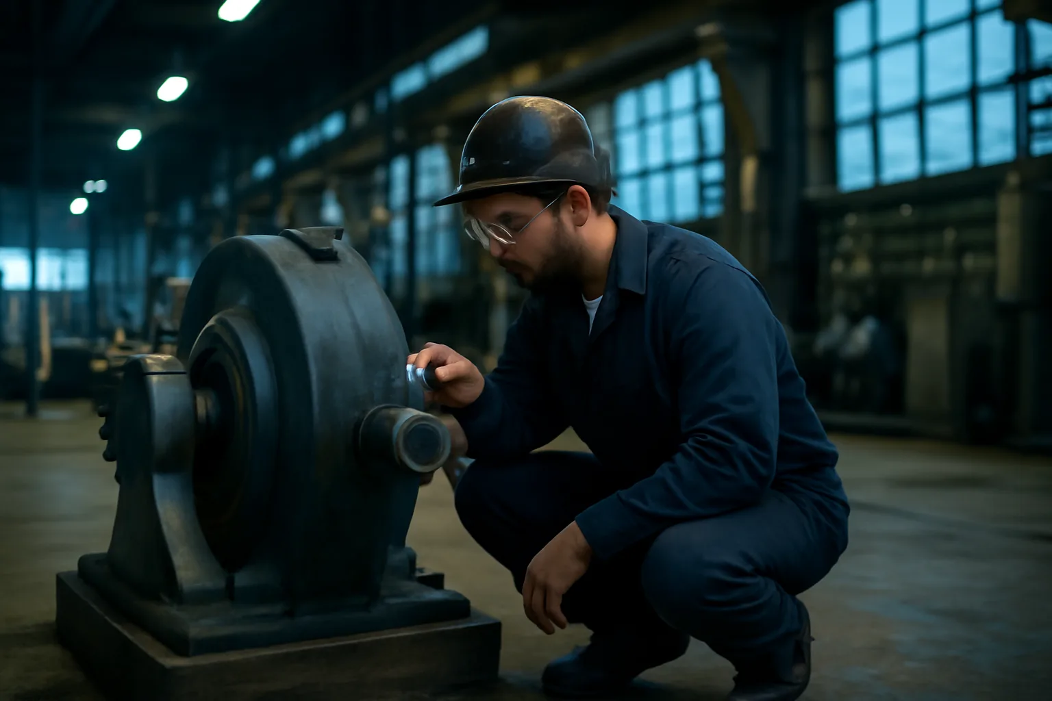 Millwright checking a pump coupling on a Delaware plant floor