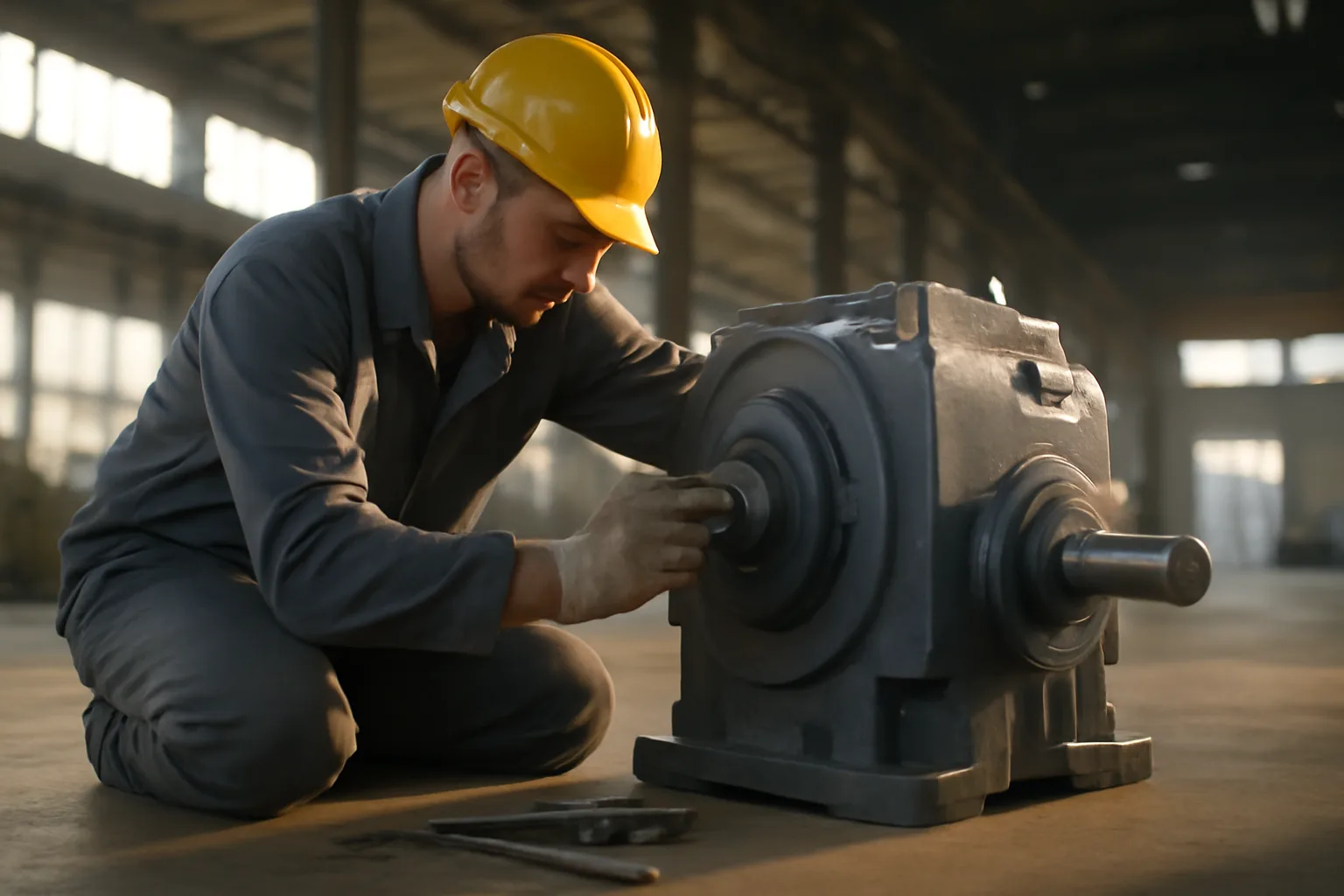 Millwright aligning industrial machinery on a Tennessee factory floor with measuring tools nearby