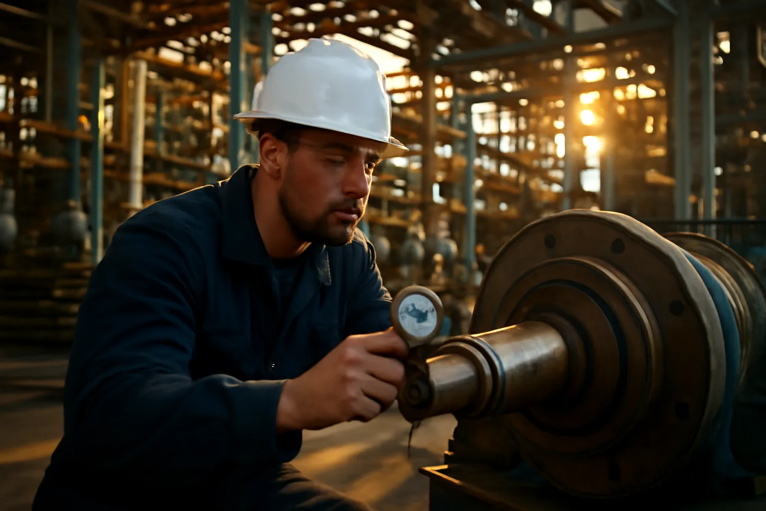 Millwright using dial indicator on pump shaft inside Texas petrochemical plant