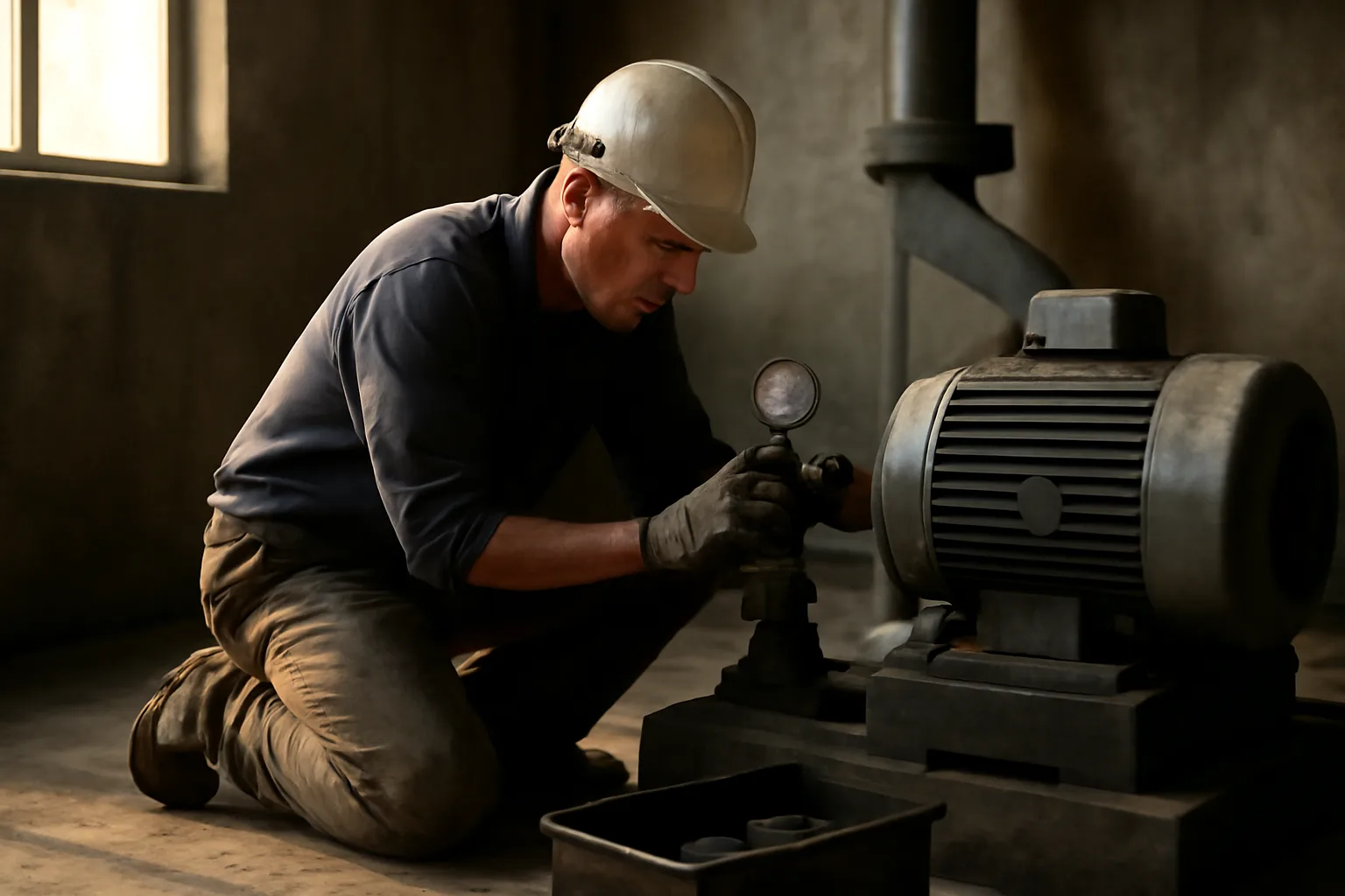 Millwright checking a motor coupling in an Arkansas pump room