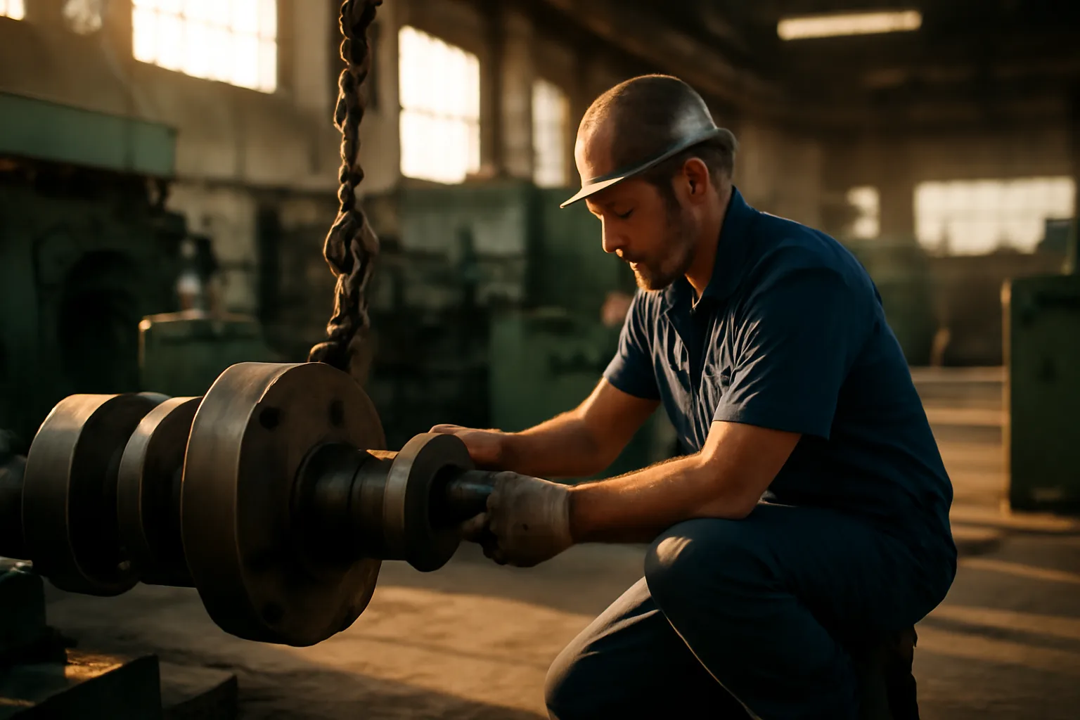 Millwright aligning industrial coupling on a sunlit California plant floor