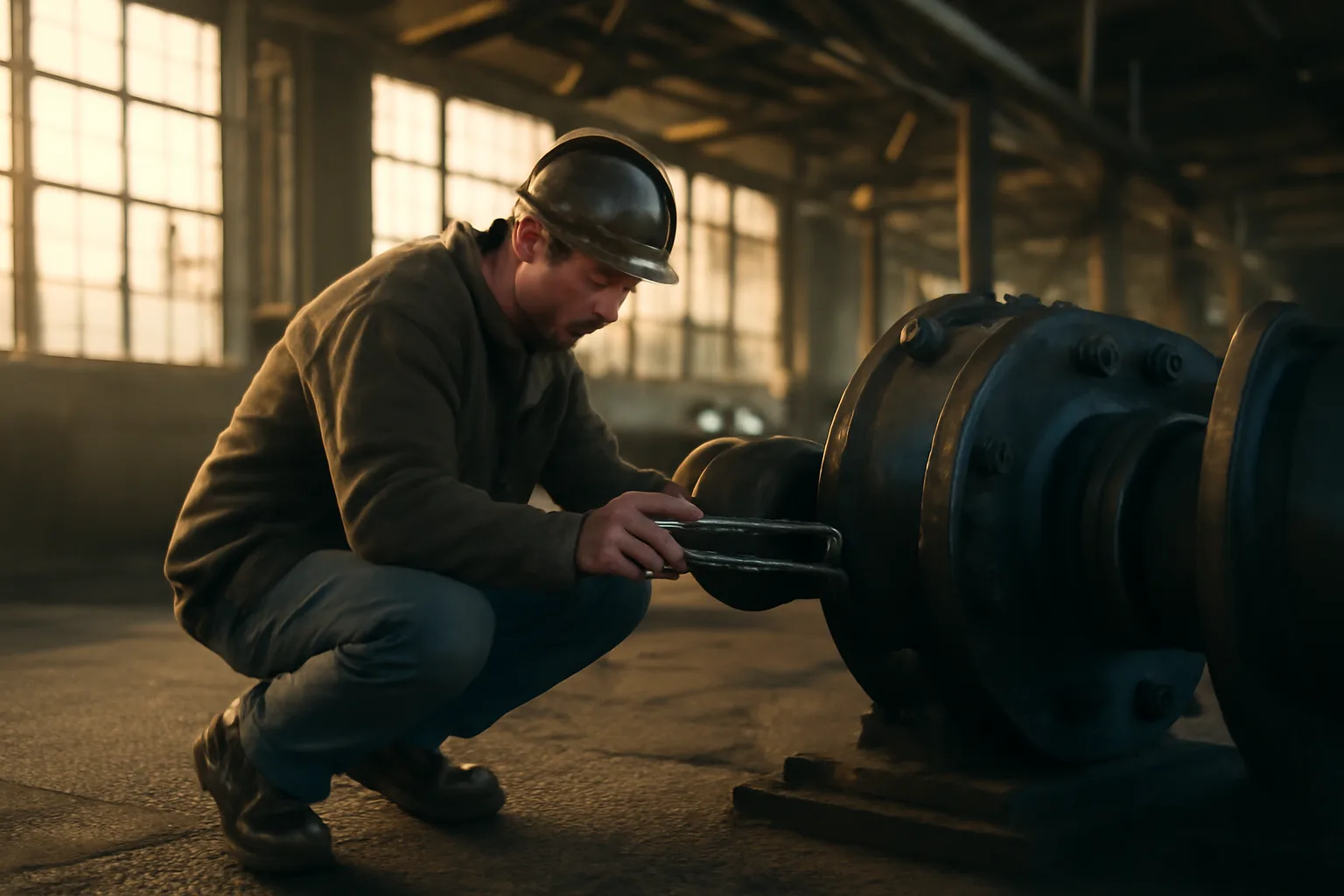 Millwright aligning a coupling on a Delaware factory floor
