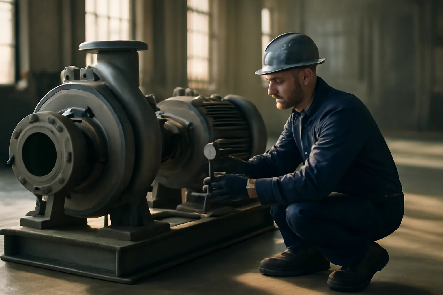 Millwright checking pump shaft alignment in a Florida plant