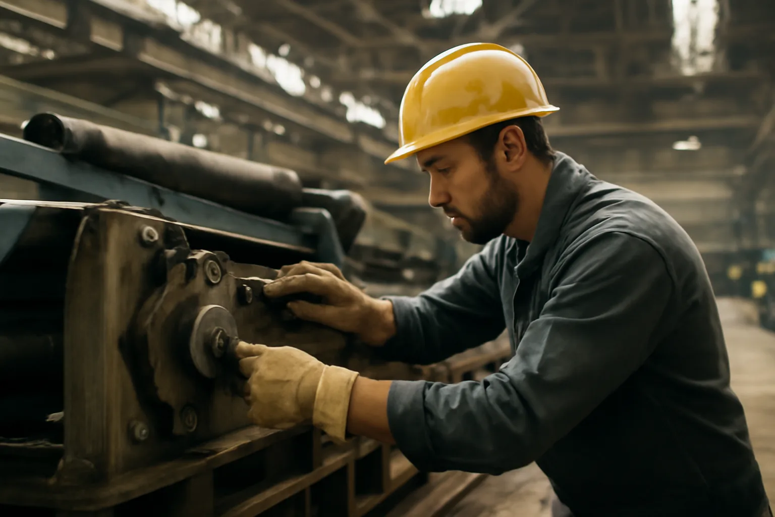 Millwright adjusting conveyor machinery in South Dakota industrial facility