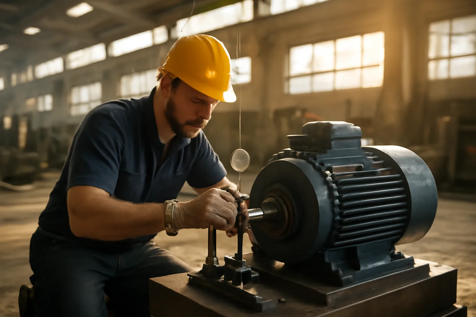 Millwright aligning industrial motor inside Tennessee manufacturing facility