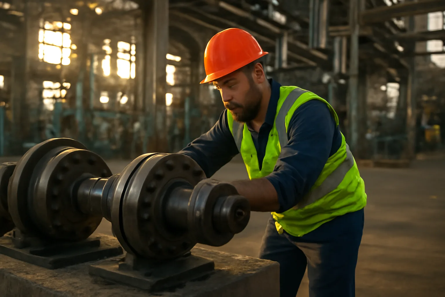 Millwright worker aligning shaft couplings inside a Texas industrial plant
