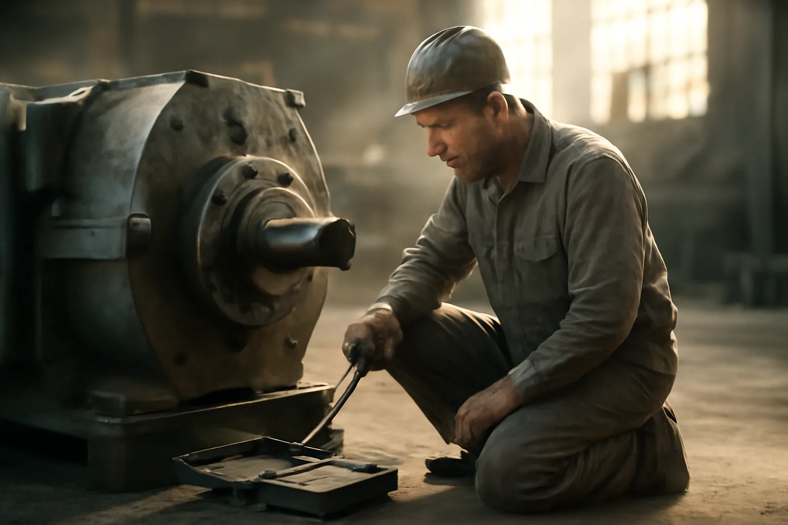 Millwright kneeling beside industrial gearbox with safety cards on concrete floor