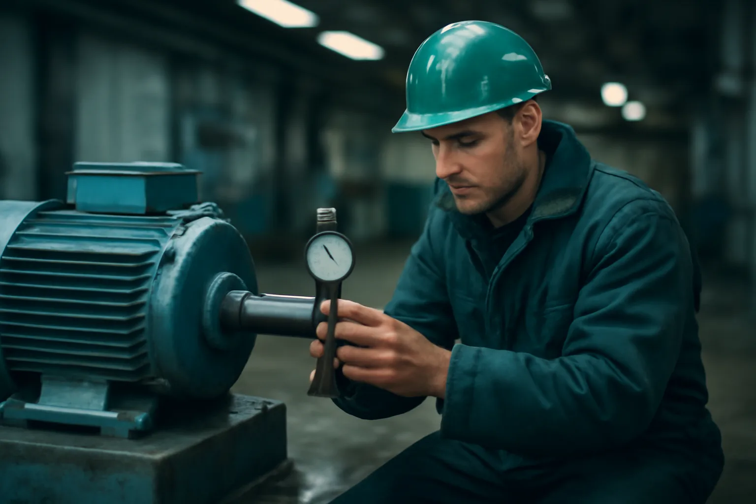 Millwright aligning a motor coupling in an Alaska seafood plant.